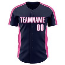 Laden Sie das Bild in den Galerie-Viewer, Custom Navy White-Pink Classic Color Block Side Panel Stripe Authentic Baseball Jersey
