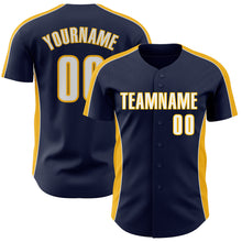 Загрузить изображение в средство просмотра галереи, Custom Navy White-Gold Classic Color Block Side Panel Stripe Authentic Baseball Jersey
