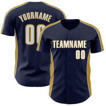 Загрузить изображение в средство просмотра галереи, Custom Navy White-Old Gold Classic Color Block Side Panel Stripe Authentic Baseball Jersey

