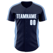 Load image into Gallery viewer, Custom Navy White-Light Blue Classic Color Block Side Panel Stripe Authentic Baseball Jersey
