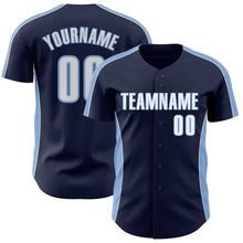 Load image into Gallery viewer, Custom Navy White-Light Blue Classic Color Block Side Panel Stripe Authentic Baseball Jersey
