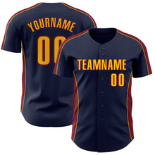 Laden Sie das Bild in den Galerie-Viewer, Custom Navy Gold-Crimson Classic Color Block Side Panel Stripe Authentic Baseball Jersey
