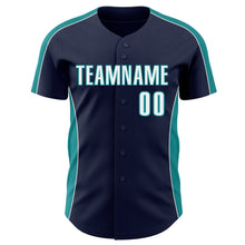 Загрузить изображение в средство просмотра галереи, Custom Navy White-Teal Classic Color Block Side Panel Stripe Authentic Baseball Jersey
