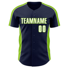 Загрузить изображение в средство просмотра галереи, Custom Navy White-Neon Green Classic Color Block Side Panel Stripe Authentic Baseball Jersey
