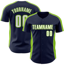 Загрузить изображение в средство просмотра галереи, Custom Navy White-Neon Green Classic Color Block Side Panel Stripe Authentic Baseball Jersey

