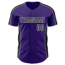 Загрузить изображение в средство просмотра галереи, Custom Purple Black-White Classic Color Block Side Panel Stripe Authentic Baseball Jersey
