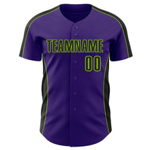 Laden Sie das Bild in den Galerie-Viewer, Custom Purple Black-Neon Green Classic Color Block Side Panel Stripe Authentic Baseball Jersey
