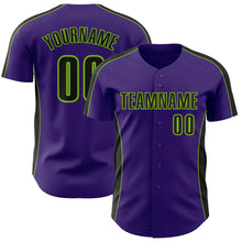 Laden Sie das Bild in den Galerie-Viewer, Custom Purple Black-Neon Green Classic Color Block Side Panel Stripe Authentic Baseball Jersey
