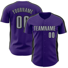 Загрузить изображение в средство просмотра галереи, Custom Purple Gray-Black Classic Color Block Side Panel Stripe Authentic Baseball Jersey
