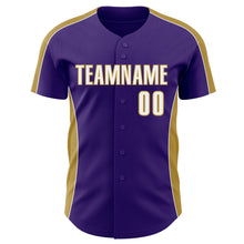 Load image into Gallery viewer, Custom Purple White-Old Gold Classic Color Block Side Panel Stripe Authentic Baseball Jersey
