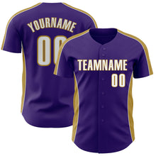 Load image into Gallery viewer, Custom Purple White-Old Gold Classic Color Block Side Panel Stripe Authentic Baseball Jersey
