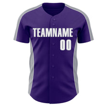 Load image into Gallery viewer, Custom Purple White-Gray Classic Color Block Side Panel Stripe Authentic Baseball Jersey
