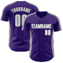 Load image into Gallery viewer, Custom Purple White-Gray Classic Color Block Side Panel Stripe Authentic Baseball Jersey
