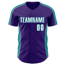 Загрузить изображение в средство просмотра галереи, Custom Purple White-Teal Classic Color Block Side Panel Stripe Authentic Baseball Jersey
