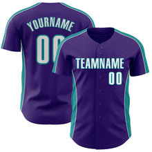 Загрузить изображение в средство просмотра галереи, Custom Purple White-Teal Classic Color Block Side Panel Stripe Authentic Baseball Jersey
