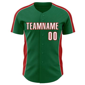 Custom Kelly Green White-Red Classic Color Block Side Panel Stripe Authentic Baseball Jersey