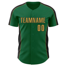 Laden Sie das Bild in den Galerie-Viewer, Custom Kelly Green Old Gold-Black Classic Color Block Side Panel Stripe Authentic Baseball Jersey
