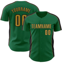 Laden Sie das Bild in den Galerie-Viewer, Custom Kelly Green Old Gold-Black Classic Color Block Side Panel Stripe Authentic Baseball Jersey
