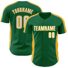 Load image into Gallery viewer, Custom Kelly Green White-Gold Classic Color Block Side Panel Stripe Authentic Baseball Jersey
