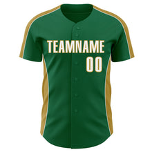 Загрузить изображение в средство просмотра галереи, Custom Kelly Green White-Old Gold Classic Color Block Side Panel Stripe Authentic Baseball Jersey
