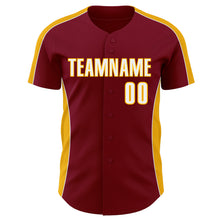 Load image into Gallery viewer, Custom Crimson White-Gold Classic Color Block Side Panel Stripe Authentic Baseball Jersey
