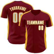Load image into Gallery viewer, Custom Crimson White-Gold Classic Color Block Side Panel Stripe Authentic Baseball Jersey

