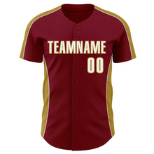 Load image into Gallery viewer, Custom Crimson White-Old Gold Classic Color Block Side Panel Stripe Authentic Baseball Jersey
