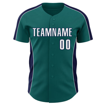 Custom Teal White-Navy Classic Color Block Side Panel Stripe Authentic Baseball Jersey