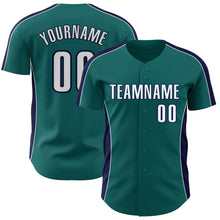 Загрузить изображение в средство просмотра галереи, Custom Teal White-Navy Classic Color Block Side Panel Stripe Authentic Baseball Jersey
