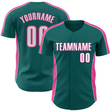 Laden Sie das Bild in den Galerie-Viewer, Custom Teal White-Pink Classic Color Block Side Panel Stripe Authentic Baseball Jersey
