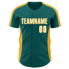 Загрузить изображение в средство просмотра галереи, Custom Teal White-Gold Classic Color Block Side Panel Stripe Authentic Baseball Jersey
