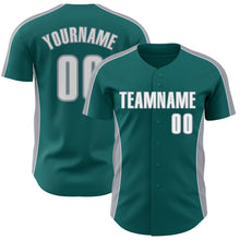 Charger l'image dans la galerie, Custom Teal White-Gray Classic Color Block Side Panel Stripe Authentic Baseball Jersey
