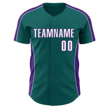 Загрузить изображение в средство просмотра галереи, Custom Teal White-Purple Classic Color Block Side Panel Stripe Authentic Baseball Jersey
