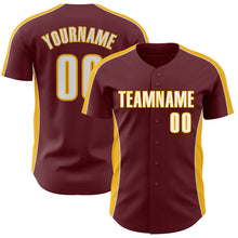 Load image into Gallery viewer, Custom Burgundy White-Gold Classic Color Block Side Panel Stripe Authentic Baseball Jersey

