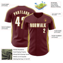 Load image into Gallery viewer, Custom Burgundy White-Old Gold Classic Color Block Side Panel Stripe Authentic Baseball Jersey
