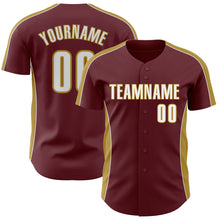 Load image into Gallery viewer, Custom Burgundy White-Old Gold Classic Color Block Side Panel Stripe Authentic Baseball Jersey
