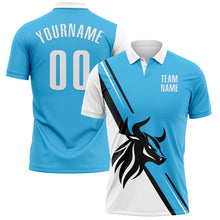 Charger l&#39;image dans la galerie, Custom Sky Blue White-Black 3D Pattern Design Animal Bull Performance Polo Shirt
