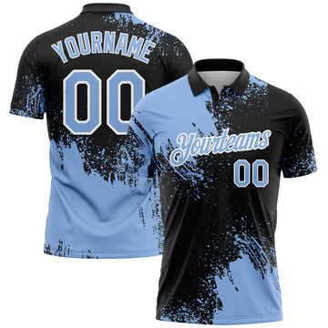 Custom Light Blue Black-White 3D Pattern Design Abstract Brush Stroke Performance Polo Shirt