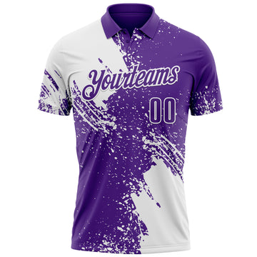 Custom White Purple 3D Pattern Design Abstract Brush Stroke Performance Polo Shirt
