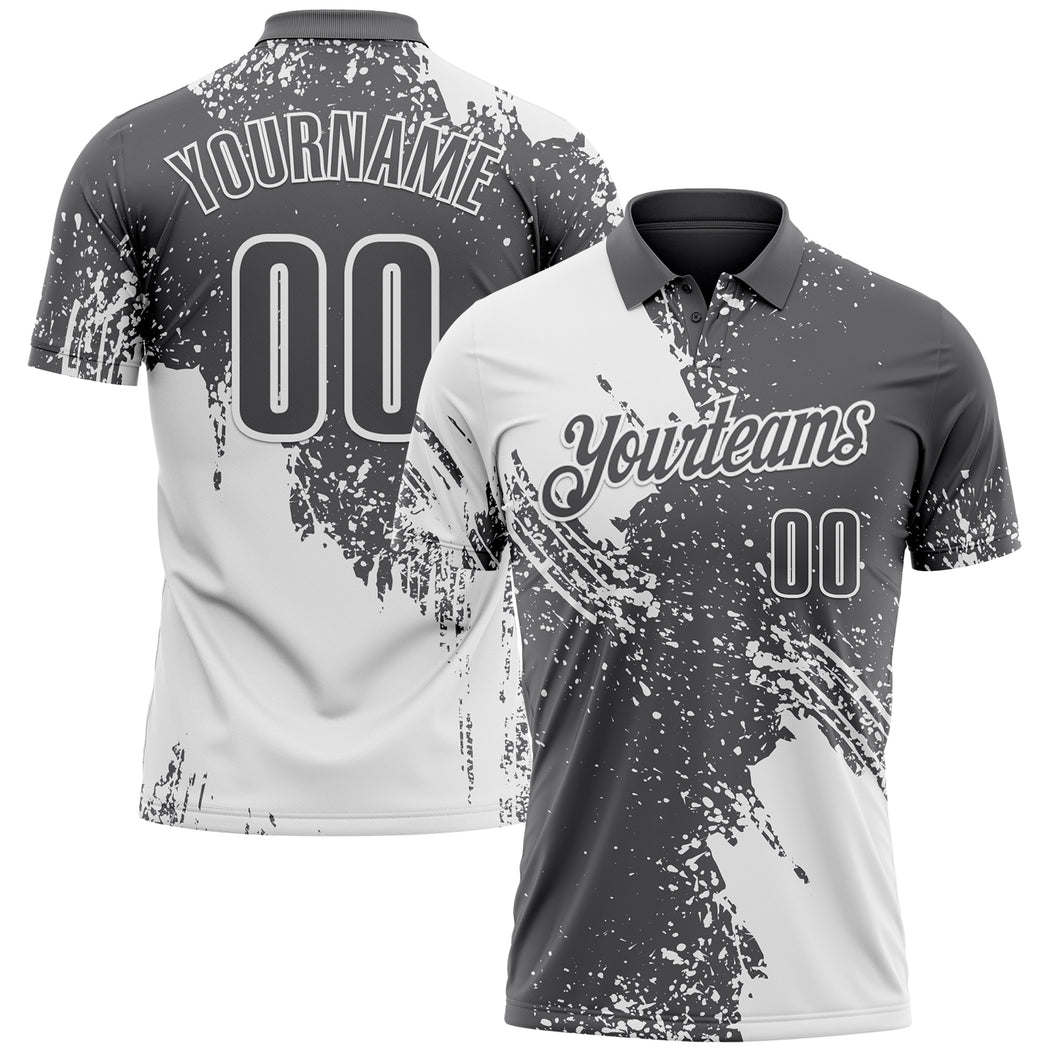 Custom White Steel Gray 3D Pattern Design Abstract Brush Stroke Performance Polo Shirt