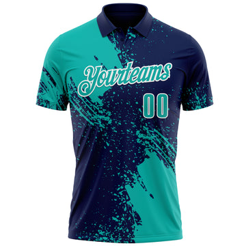 Custom Aqua Navy-White 3D Pattern Design Abstract Brush Stroke Performance Polo Shirt