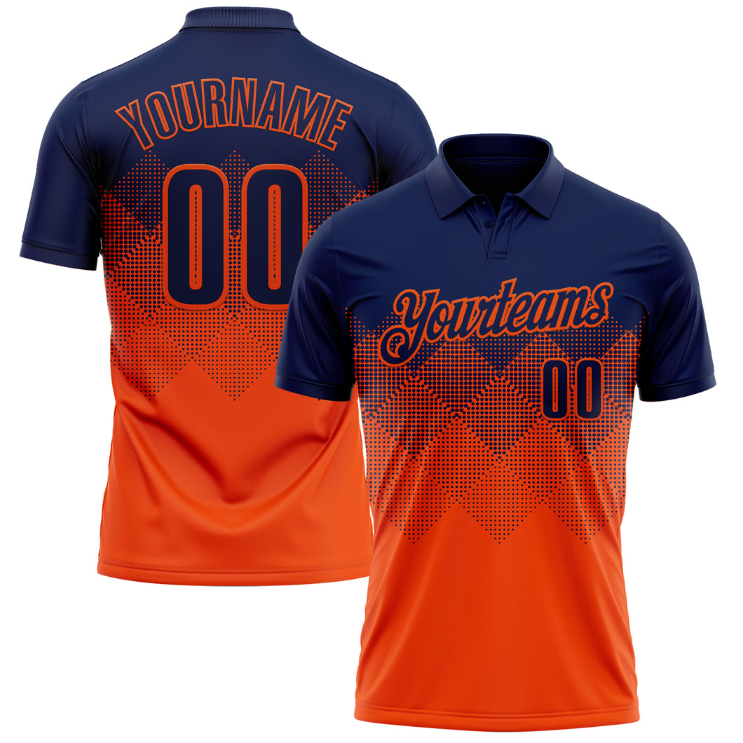 Custom Navy Orange 3D Gradient Square Shape Performance Polo Shirt