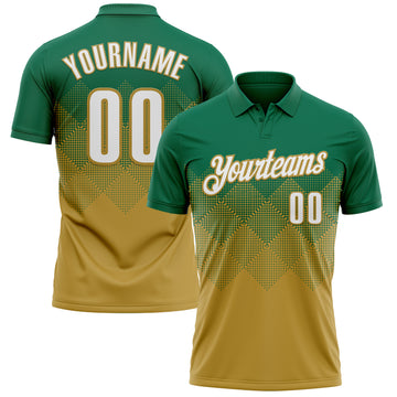 Custom Kelly Green White-Old Gold 3D Gradient Square Shape Performance Polo Shirt