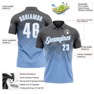 Custom Steel Gray White-Light Blue 3D Gradient Square Shape Performance Polo Shirt