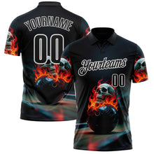 Load image into Gallery viewer, Custom Black White 3D Flame Skull Bowling Performance Polo Shirt
