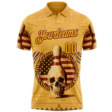 Load image into Gallery viewer, Custom Yellow Gold-Crimson 3D Retro American Flag Skull Bowling Performance Polo Shirt
