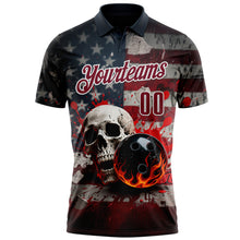 Laden Sie das Bild in den Galerie-Viewer, Custom Navy Crimson-White 3D American Flag Splash Flame Skull Bowling Performance Polo Shirt

