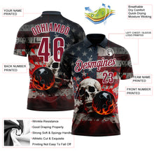 Laden Sie das Bild in den Galerie-Viewer, Custom Navy Crimson-White 3D American Flag Splash Flame Skull Bowling Performance Polo Shirt

