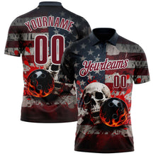 Laden Sie das Bild in den Galerie-Viewer, Custom Navy Crimson-White 3D American Flag Splash Flame Skull Bowling Performance Polo Shirt
