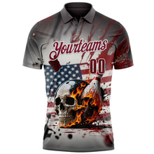Laden Sie das Bild in den Galerie-Viewer, Custom Gray Crimson-White 3D American Flag Splash Flame Skull Bowling Performance Polo Shirt
